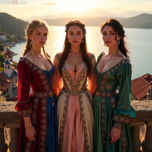 Three women in colorful medieval gowns standing on a balcony overlooking a lake at sunset