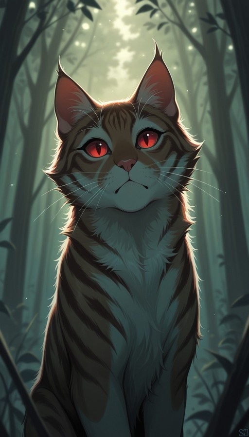 A digital painting of a tabby cat with red eyes looking at the viewer in a misty forest.