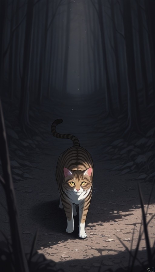 A tabby cat with yellow eyes walks towards the viewer on a dark forest path illuminated by soft light and floating particles.