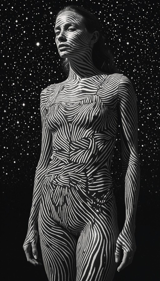 Monochrome image of a woman with wavy striped patterns on her skin standing against a starry night sky.