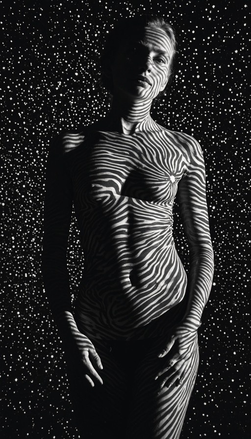 A monochrome image of a woman standing against a starry background, her body covered in zebra-like striped shadows.