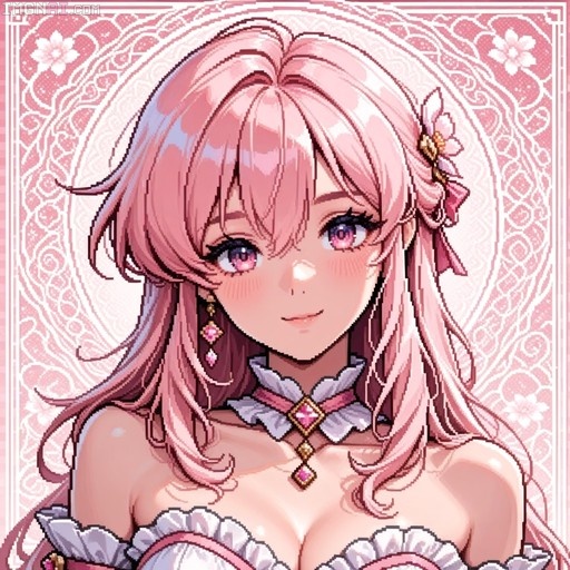 Pixel art portrait of a smiling anime girl with long pink hair, pink eyes, and a flower hair accessory wearing a frilly white and pink outfit.