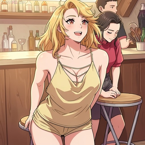 Anime illustration of a smiling blonde woman in a yellow camisole and shorts seated on a stool at a bar, with another girl and a man visible in the background.