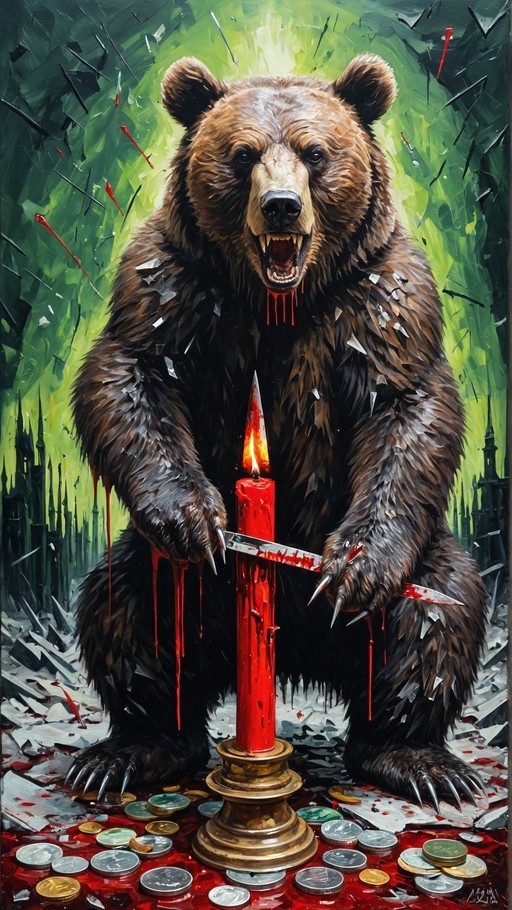 A full-body digital painting of a large brown bear standing upright, holding a bloody knife near a tall red candle, with coins scattered on the blood-covered floor.