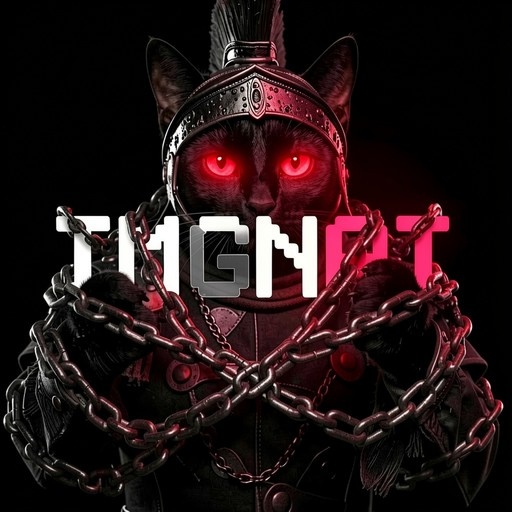 A black cat with glowing red eyes wearing a helmet and wrapped in heavy chains.