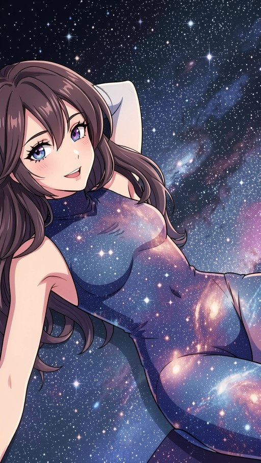 An anime girl with long brown hair and heterochromatic blue and purple eyes lies on her back wearing a galaxy-print bodysuit against a starry night sky background.