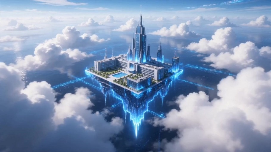 A floating island school in the clouds transitions to a digital tunnel where cat girl students Hainge Yodawa, Meru Sakiuba, and Mira Karoiki are introduced with holographic cards.