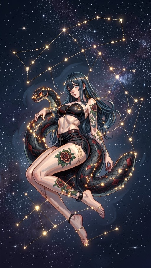 A full-body digital illustration of a young woman with long dark hair and rose tattoos on her legs and arm, wrapped by a large black snake with red eyes against a starry night sky filled with glowing constellations.