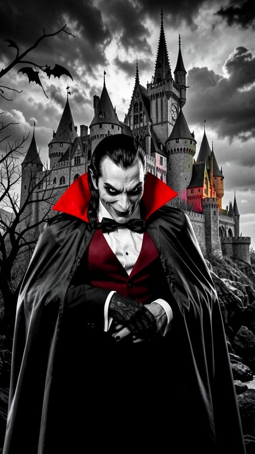 A smiling vampire wearing a black cape with a red collar and vest stands in front of a large gothic castle while bats fly in the cloudy sky.