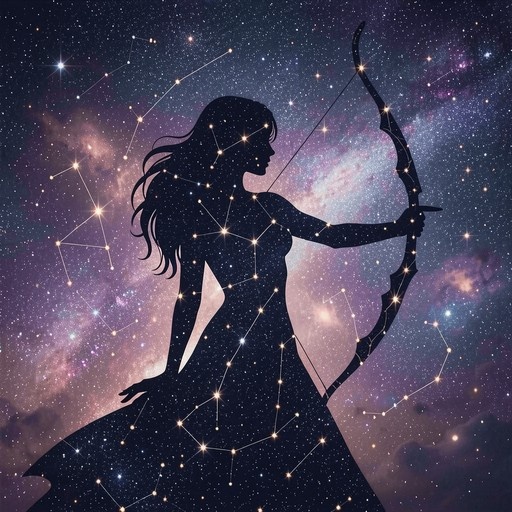 Silhouette of a female archer filled with constellations holding a bow against a colorful starry night sky background.