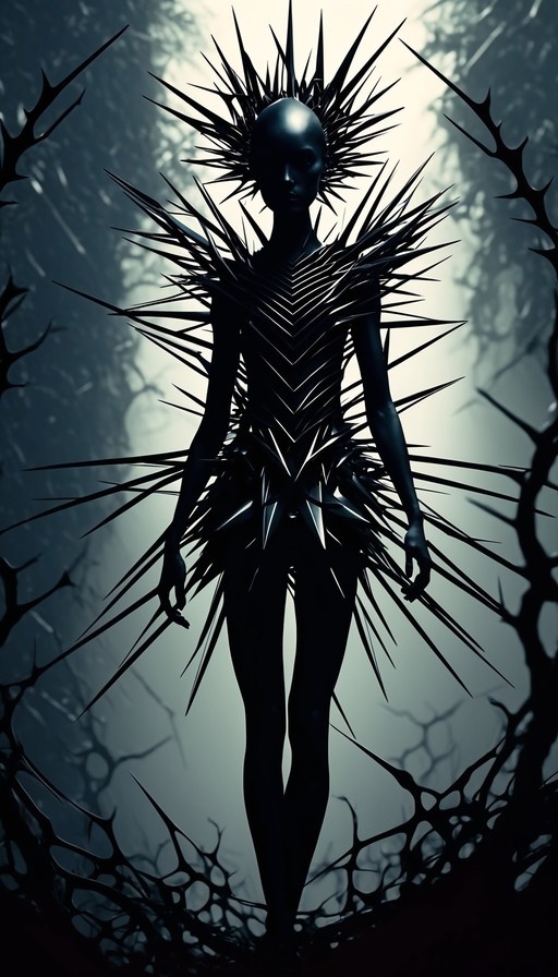 A full-body shot of a slender, dark-skinned female figure covered in sharp black spikes and thorns, standing in a misty forest with thorny branches framing the scene.
