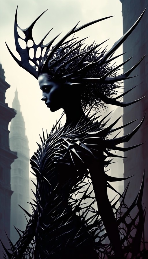 Profile of a dark-skinned woman covered in sharp black thorns and spikes, wearing an elaborate spiky crown against a bright background.