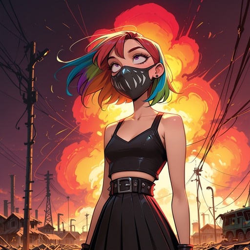 Anime girl with rainbow hair and spiked mask standing in front of a large explosion.