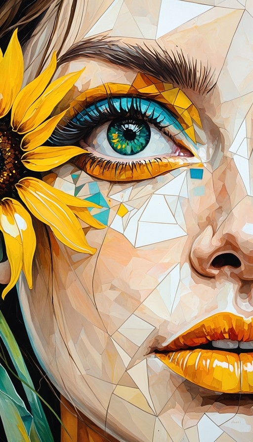 A close-up geometric mosaic portrait of a person with bright blue eyes and orange lips, framed by a large yellow sunflower on the left side.