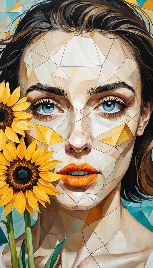 Close-up geometric portrait of a woman with blue eyes holding bright yellow sunflowers near her cheek.
