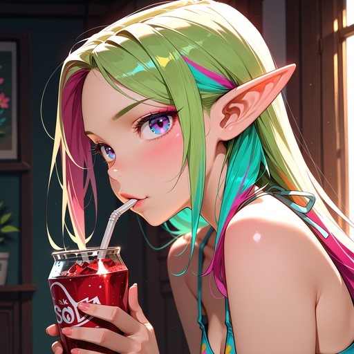An anime-style elf girl with long green and pink hair drinks a red soda from a glass jar using a straw while wearing a blue bikini top near a window.