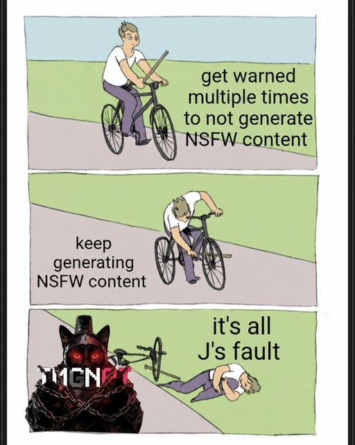 A three-panel comic showing a man riding a bike who eventually crashes, while an armored black cat with red eyes appears in the foreground.
