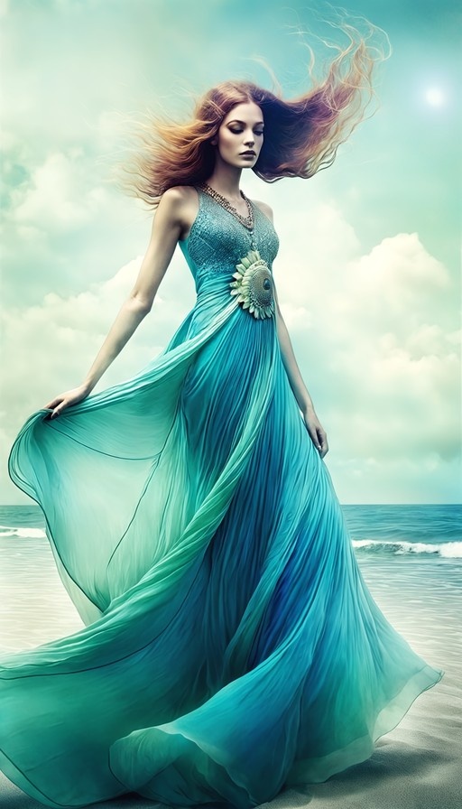 A woman with long brown hair in a blue dress stands on the beach holding her skirt as the wind blows.