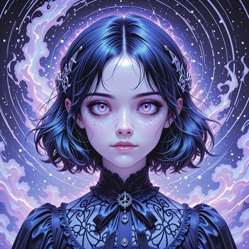 A portrait of a freckled girl with purple eyes and star hairpins against a cosmic background.