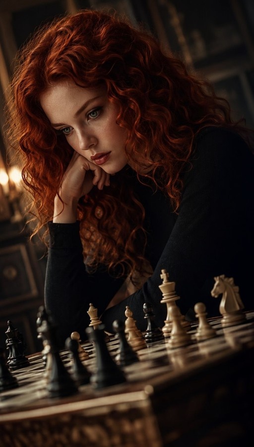 A red-haired woman with green eyes and freckles rests her chin on her hand while looking at a chessboard.