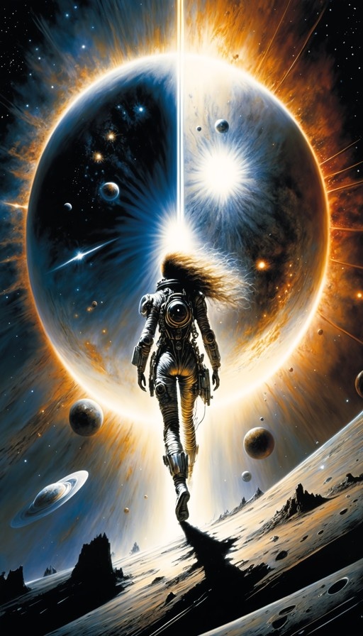 A lone astronaut with flowing hair walks across a rocky surface towards a massive planet split by bright light in deep space.