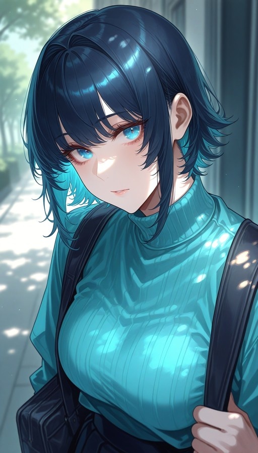 Blue-haired anime girl with bright blue eyes wearing a teal turtleneck and carrying a black bag outdoors.