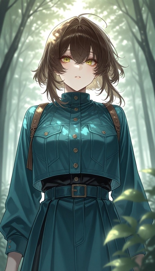 An anime-style illustration of a young woman with short brown hair and yellow eyes wearing a teal military jacket and skirt in a sunlit forest.