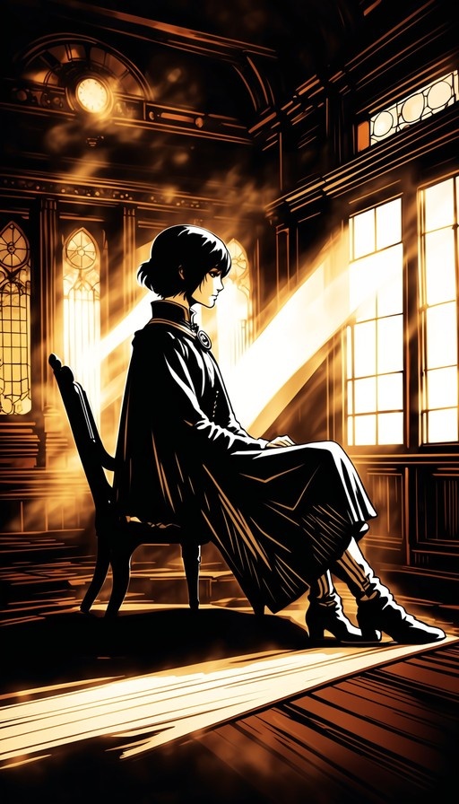 A short-haired girl in a long black coat sits on a chair in profile inside a sunlit church with stained glass windows.