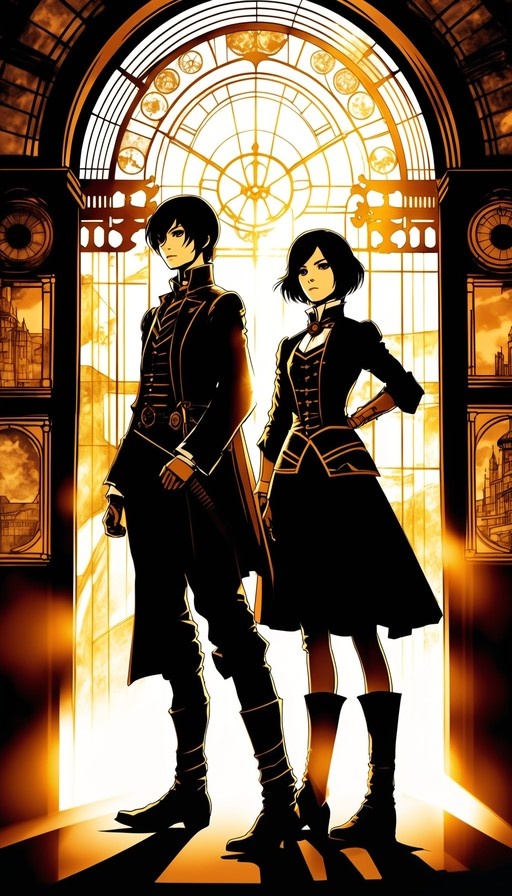 An anime-style illustration of a boy and girl in dark uniforms standing before a glowing golden arched window.