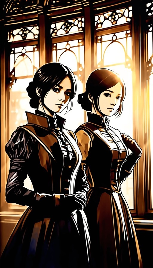 Two young women in Victorian dresses standing side-by-side in front of sunlit windows with intricate glass patterns.