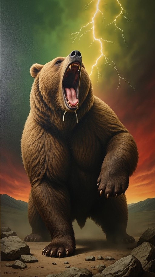 A large brown bear stands on its hind legs with its mouth wide open roaring, saliva dripping, against a backdrop of lightning and a colorful stormy sky over mountains.