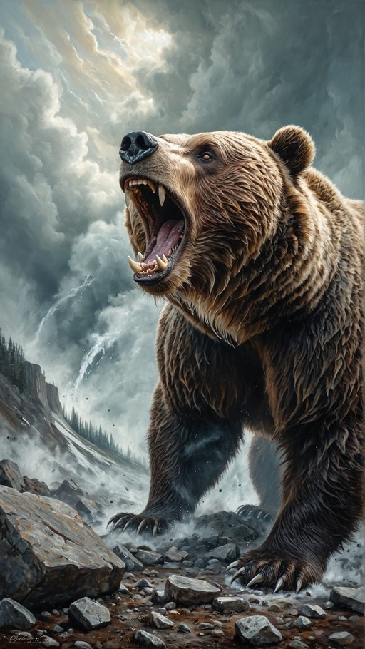A large brown bear stands on rocky ground roaring with its mouth open, set against a backdrop of dark storm clouds and lightning over a mountain range.