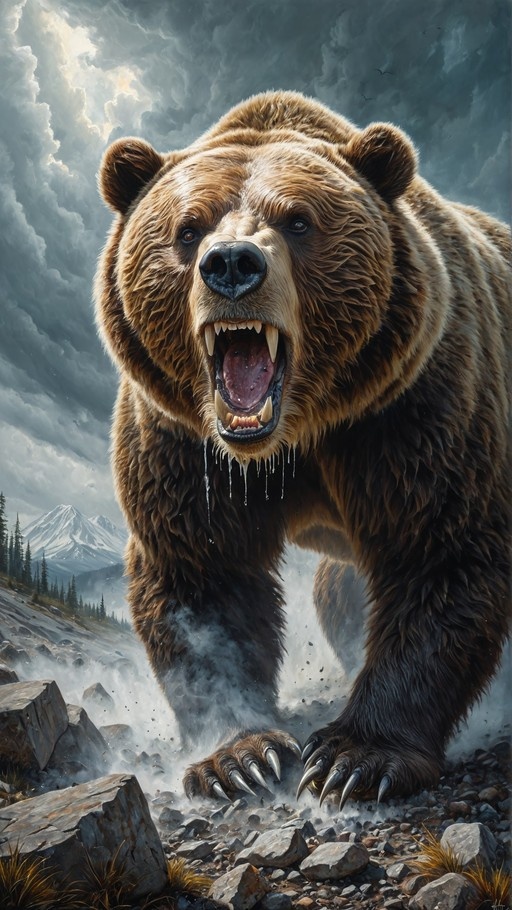 A large brown bear stands on rocky ground with its mouth open in a roar, showing sharp teeth and drool, against a backdrop of snowy mountains and a cloudy sky.