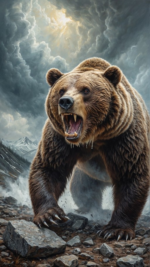 A large brown bear stands on rocky ground with its mouth open in a roar, set against a backdrop of mountains and dramatic clouds.