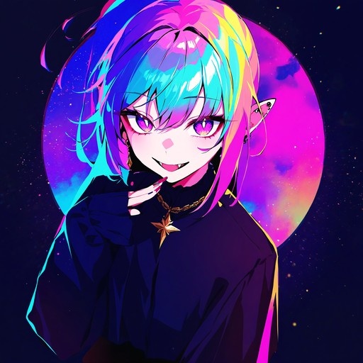 Anime-style portrait of a girl with multicolored hair and pointy ears wearing a gold star necklace against a colorful moon.
