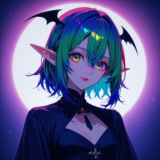 Anime style illustration of a girl with pointed ears and small bat wings on her head, wearing a black dress with a red brooch, standing in front of a large full moon.