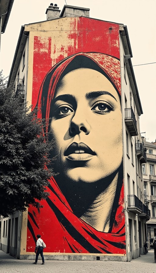 Low-angle view of a giant mural on a building side depicting a woman's face with a red headscarf and a pedestrian walking below.