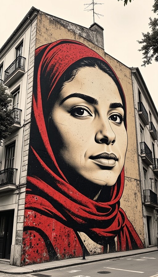 A large mural on a building wall depicts a woman's face wearing a bright red headscarf or hood, set against a weathered beige facade in an urban street scene.