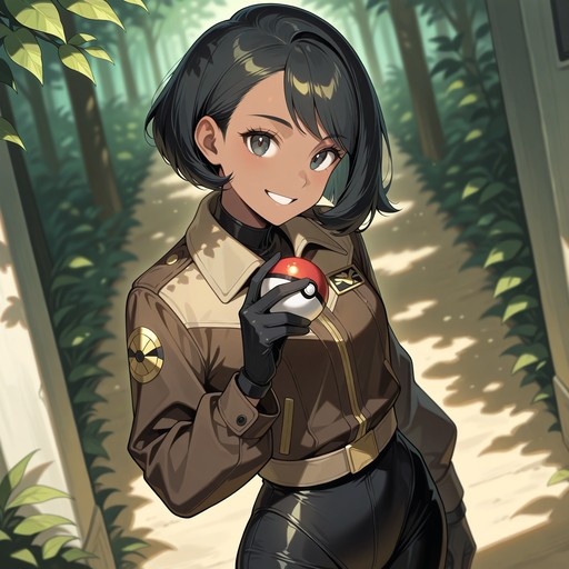 A smiling anime girl with short black hair and dark skin wearing a brown jacket holds a Poké Ball in a sunlit forest.