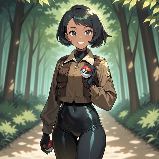 A smiling anime girl with short dark hair and tan skin stands on a forest path holding Poké Balls, wearing a brown jacket and black bodysuit.