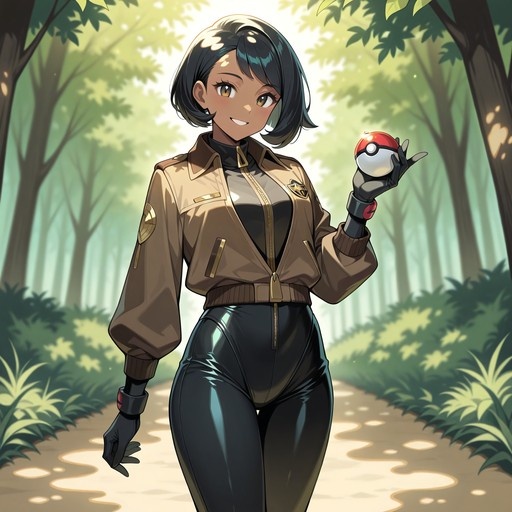 An anime-style illustration of a smiling dark-skinned girl with short black hair standing on a sunlit forest path. She wears a brown jacket over a black bodysuit and holds up a red and white Poké Ball in her gloved hand.