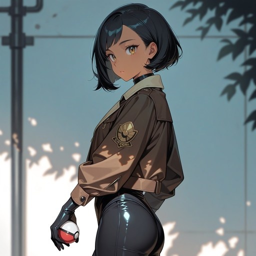 An anime-style illustration of a dark-skinned girl with short black hair and amber eyes, wearing a brown jacket and shiny black pants while holding a red and white Pokeball.