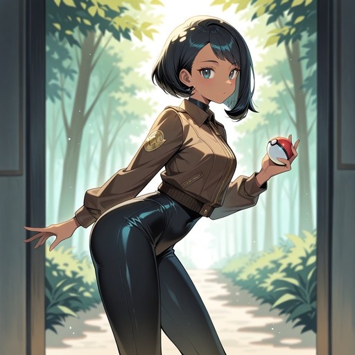 An anime-style girl with short dark hair and blue eyes stands on a forest path holding a Poké Ball, wearing a brown cropped jacket and black pants.