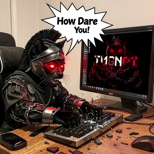 An anthropomorphic black cat in Roman armor smashes a mechanical keyboard with glowing red eyes while a speech bubble says "How Dare You!"