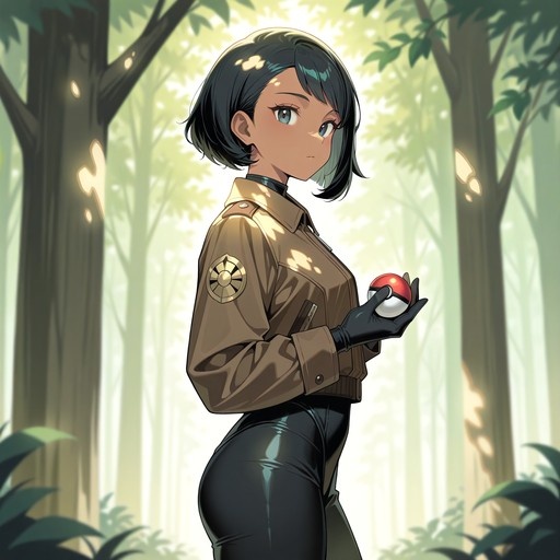 Marnie from Pokémon holding a Poké Ball in a sunlit forest