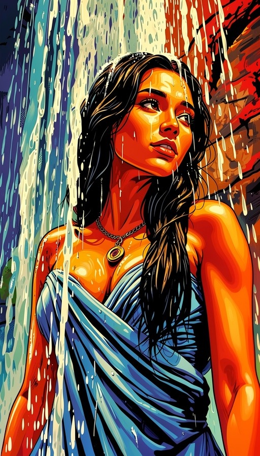 A stylized illustration of a dark-skinned woman with long black hair wearing a wet blue strapless dress and necklace, standing under falling water.