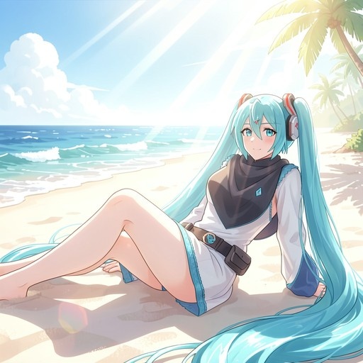 Hatsune Miku with long teal twin-tails sits on a sandy beach in a white dress, smiling at the viewer with the ocean and palm trees in the background.