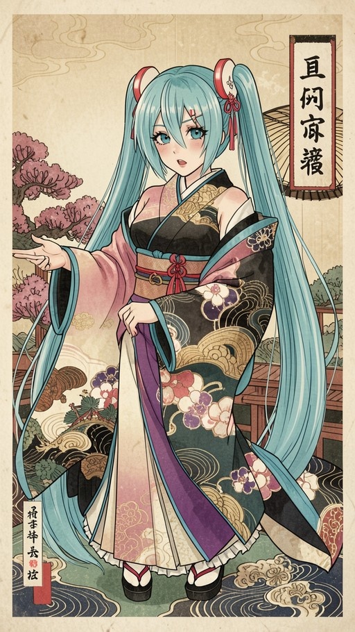 A full-body illustration of Hatsune Miku wearing a detailed kimono with floral and wave designs, standing amidst cherry blossoms in a traditional Japanese painting style.