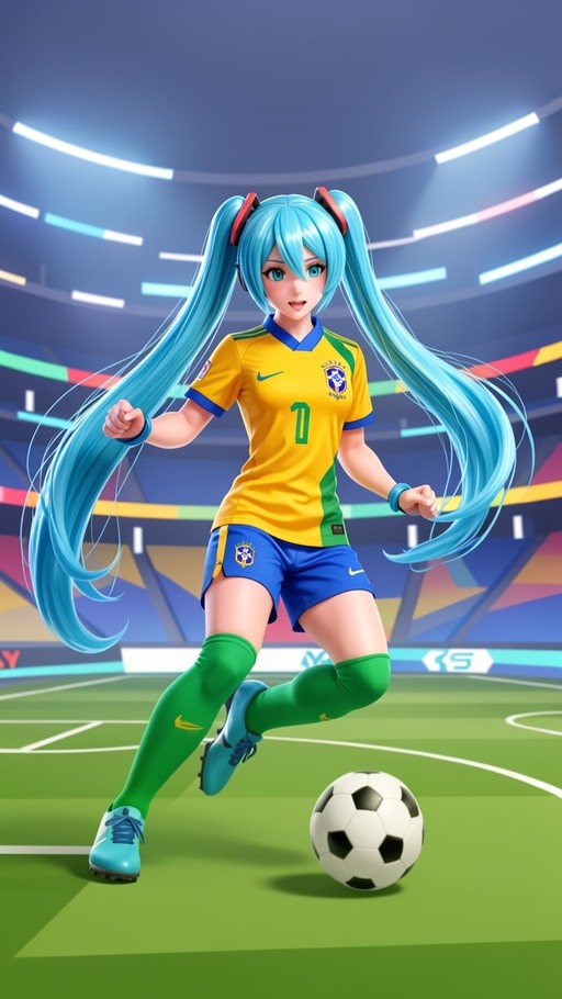 Hatsune Miku in a Brazil soccer uniform kicking a ball on a stadium field
