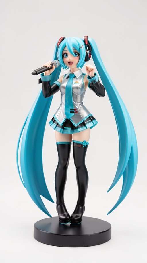 A full-body figurine of Hatsune Miku holding a microphone and smiling, featuring long teal twin-tails, a silver top with a blue tie, and black thigh-high boots on a circular base.
